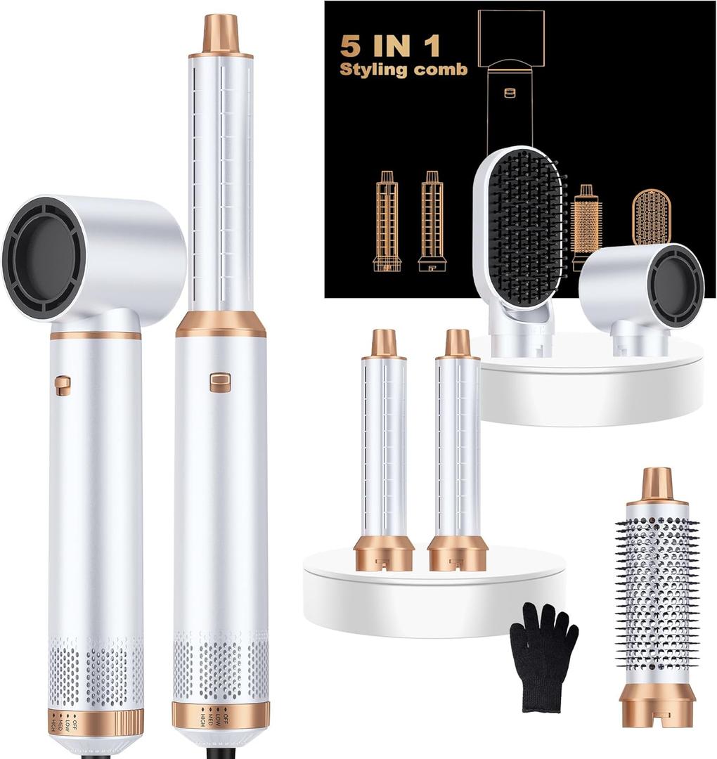 5 in ONE Hair Dryer Brush, Blow Dryer Curling Wand Hair Styling Tools Set, Ionic Hot Air Brush Round Brush Blow Dryer, Left&Right Styler 100-120V