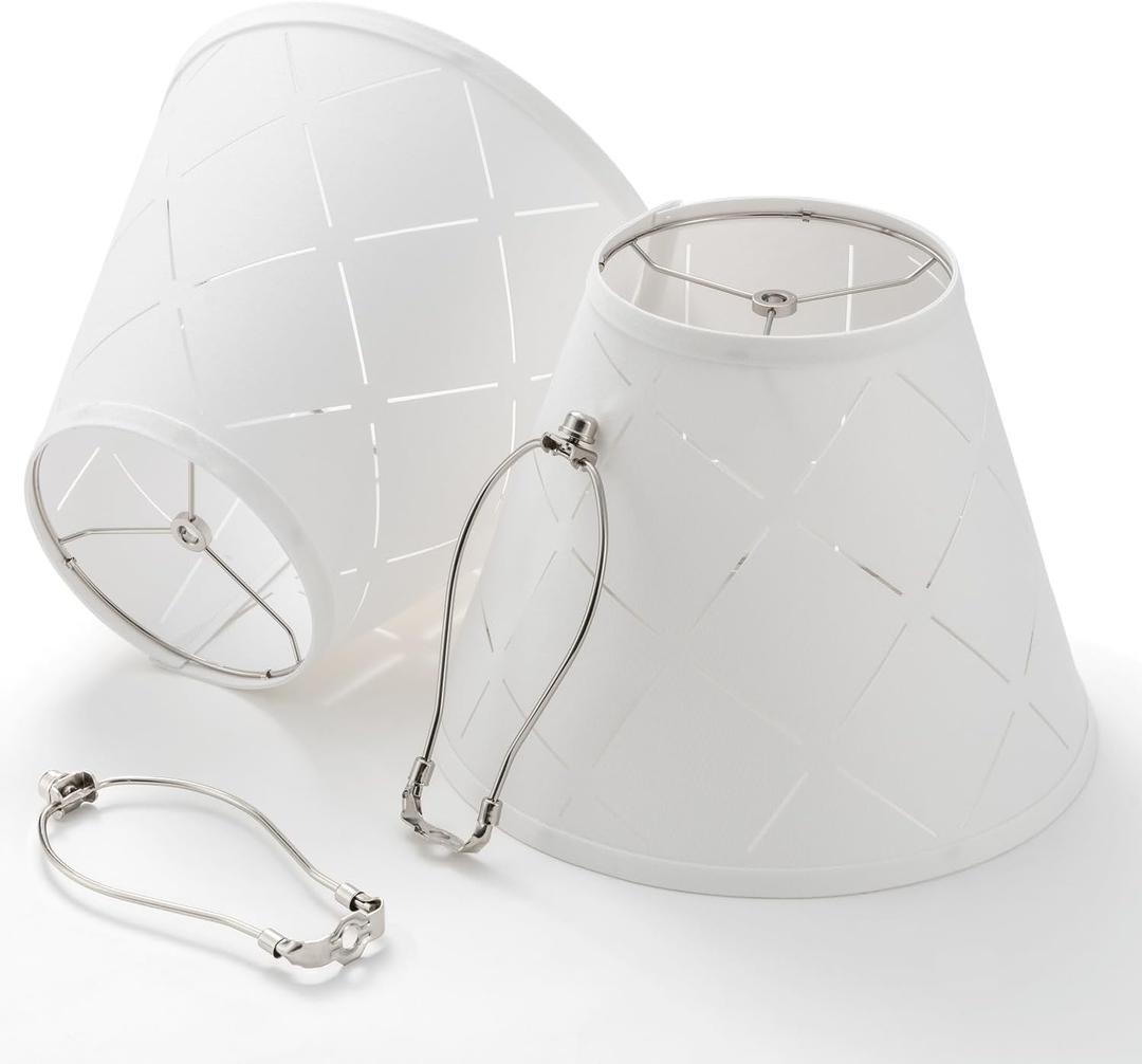 Lamp Shades Set of 2, 7 x 13 x 10 inch (Large Size), White Lamp Shade with Cut-out Stripe Design, Spider Lampshade with 8 inch Harp for Table and Floor Lamp, Modern White Lamp Cover, Assembly Required
