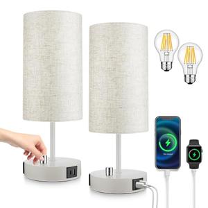 LTBLIGHT Bedside Table Lamps Set of 2, Fully Dimmable Nightstand Lights with USB A+C Charging Ports & AC Outlet, Modern White Desk Lamp for Bedroom Living Room (800LM E26 Bulbs Included)