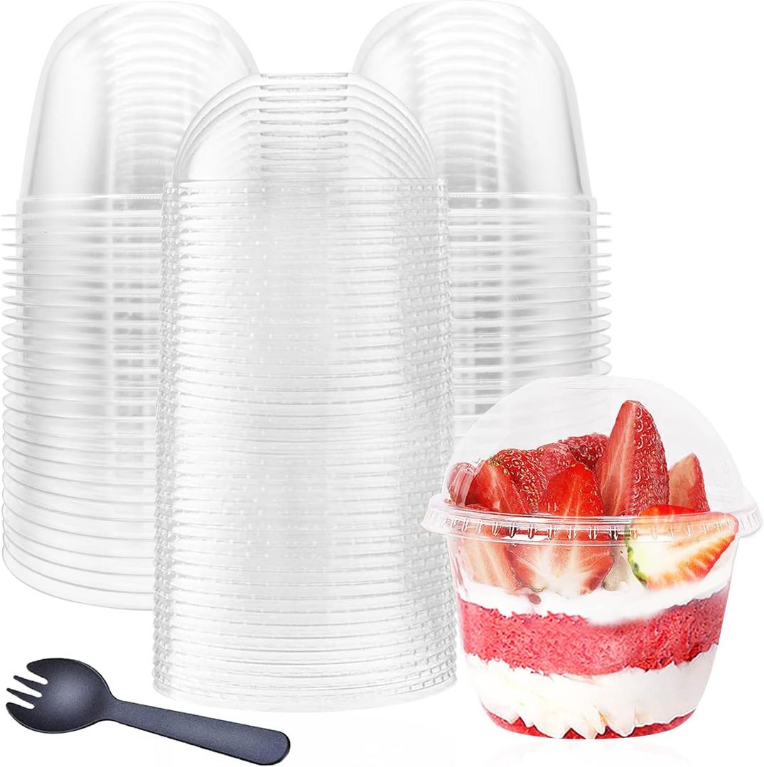 50 Pack 10oz Plastic Cups with Dome Lids(No Hole) and Sporks,Disposable PET Parfait Cups,Crystal Dessert Cups for Pudding,Snacks,Ice Cream,Yogurt