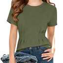 ZDC Girls Pleated Short Sleeve T Shirts Summer Crewneck Tops Casual Cute Basic Tees, Army Green, 140