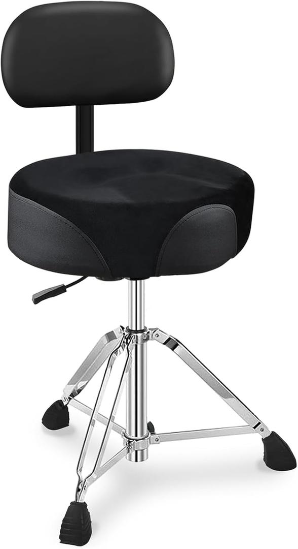 Pro Drum Stool with Backrest, Heavy Duty Hydraulic Drum Throne, Velvet-Covered Ergonomic Memory Foam Drum Seat, Adjustable Drum Chair Anti-Slip Base, Drum Saddle Bench for Drummers (Black)