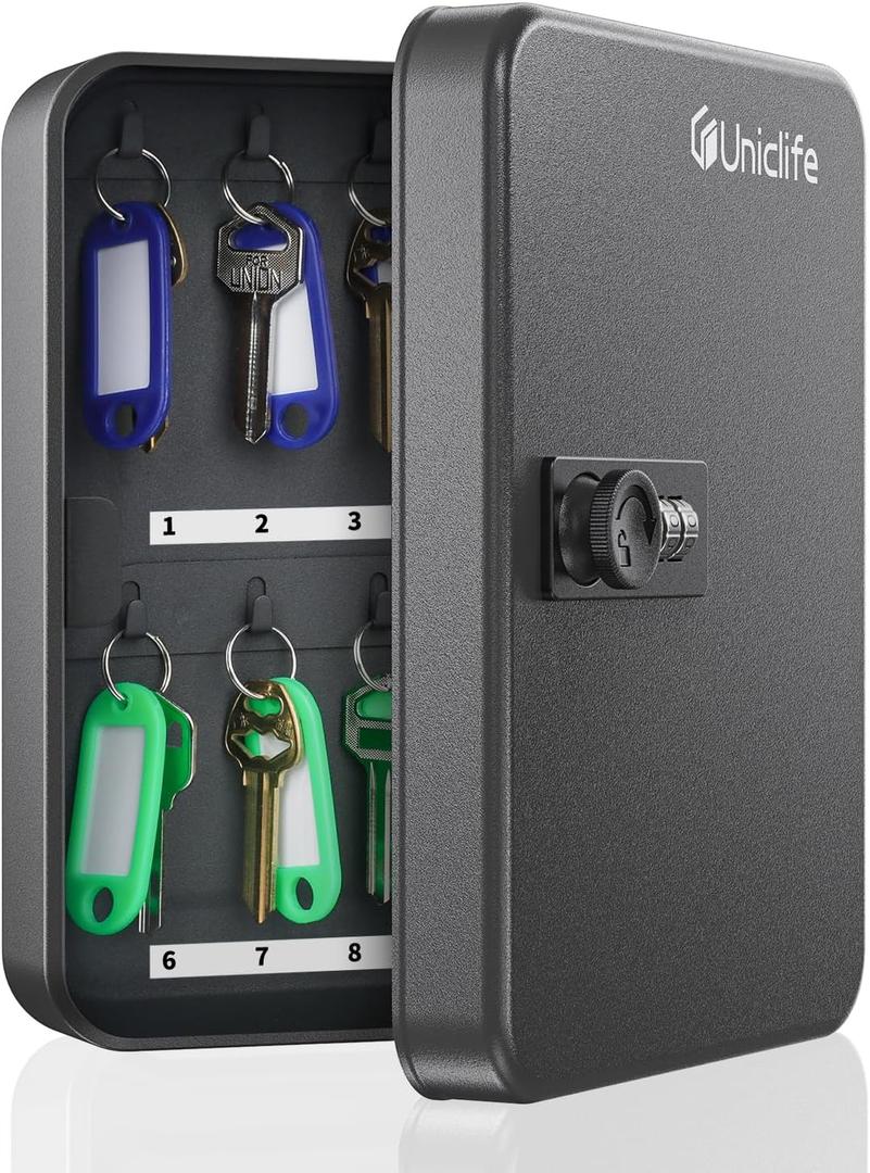 Uniclife 20 Position Key Cabinet with Combination Lock Resettable Black Digital Security Storage Box Steel Key Organizer with Colorful Key Tag Labels Stickers and Hooks