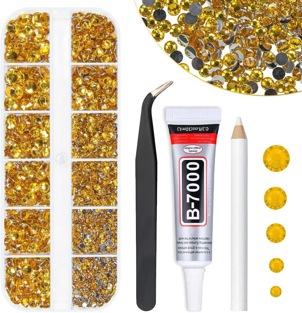 qiipii Golden Yellow Crystal Resin Rhinestones w B7000 Jewelry Glue for Bedazzling Crafting Gold Flatback Stones 2mm 3mm 4mm 5mm 6mm Diamonds Crystals Gems for Nails Face Eyes Makeup Tumblers Craftts