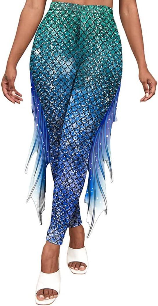 Mermaid Yoga Print Leggings for Women Plus Size Fish Scale High Waisted Pants Halloween Costume Tights (Blue, L)