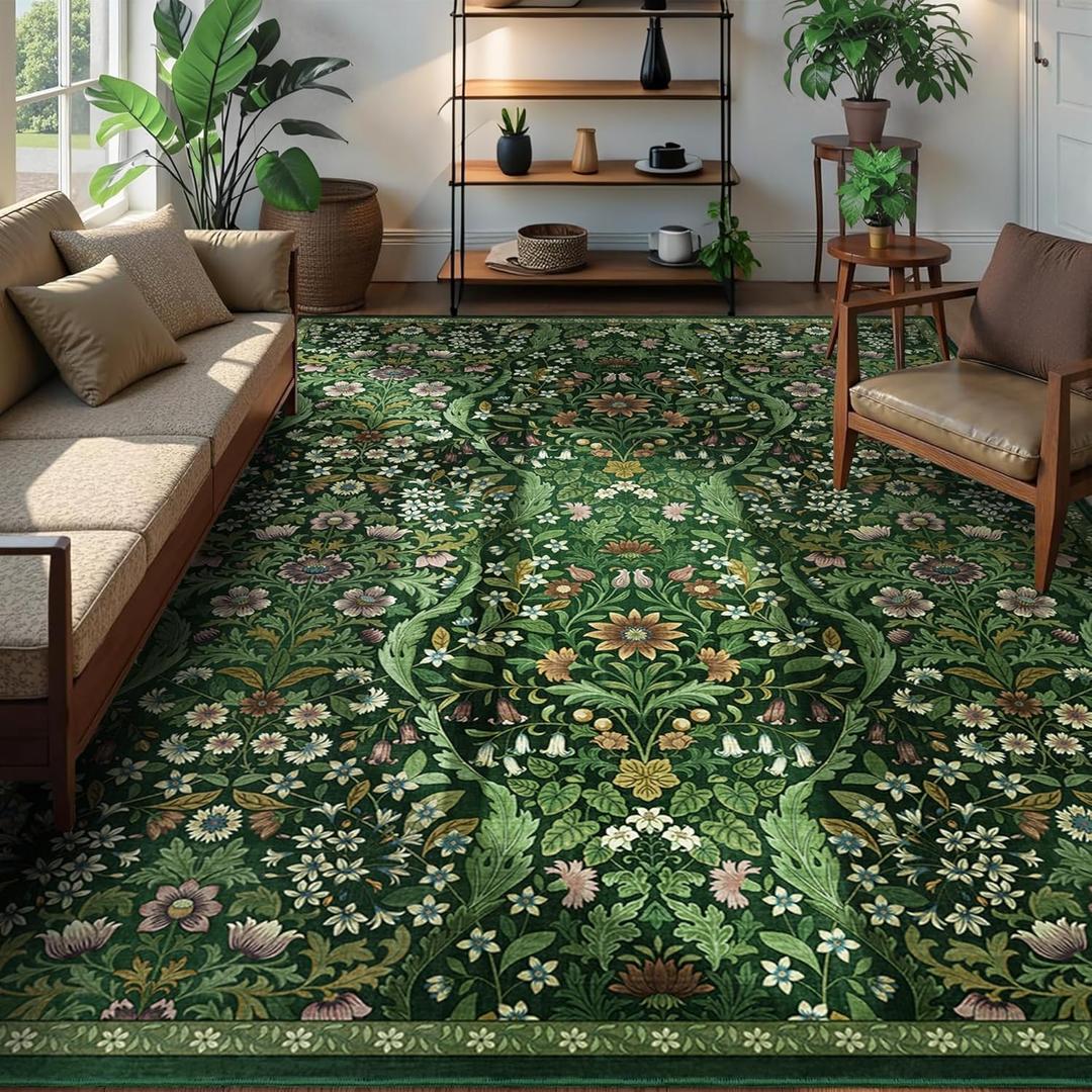 9x12 Dark Green Vintage Floral Area Rug,Washable Large Boho Living Room Rugs,Botanical Print Non-Slip Stain Resistant Lightweight Carpet for Bedroom Dining Room Nursery