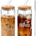 Iced Coffee Cups with Lids 2 pcs: 20 oz Glass Cups with Lids and Straws as Coffee Bar Accessories - Beer Drinking Glasses - Reusable Glass Tumbler,Cute Coffee Cups for Coffee,Juice,Gifts