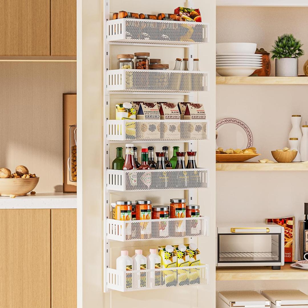 6-Tier Over The Door Pantry Organizer with Mesh Baskets, Adjustable & Stable Hanging Spice Rack for Kitchen, Bathroom, Bedroom, and Baby Essentials Storage (6tiers-White-Metal)