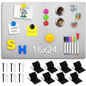 16" x 24" Magnetic Board, Silver Magnet Bulletin Board to Display Magnetic Letters, Metal Board for Wall, Refrigerator Photo, with Dual Lock Tape and Screws, Marker Pen
