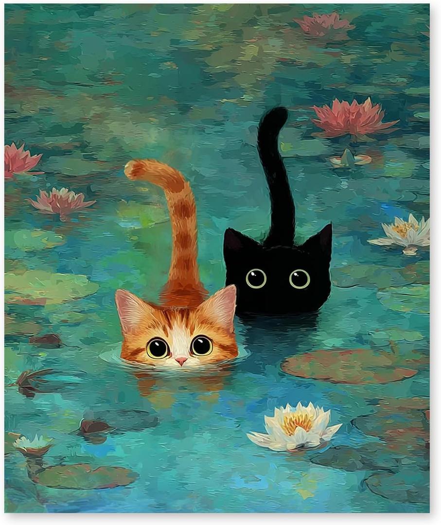 RLTXBUK Whimsical Black Orange Cat Diamond Art Kits, Monet Inspired Water Lilies Kitten Gem Diamond Painting Art Kits for Adults Beginners, Cat Mom Lovers Lady Gifts for Women 9.8x11.8 Inch