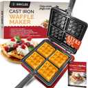 Sircles Cast Iron Waffle Maker - Makes 4 Square Belgian Waffles - Non Electric - Heavy Duty - Belgian Waffle Maker - 8.5 inch Square Waffles - E-book recipes