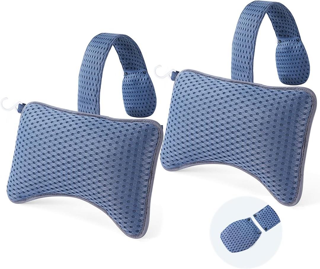 2-Pack Large Pillows for Hot Tub (Blue), Spa & Chaise Lounge Universal Headrest & Neck Support Cushion with Removable Weighted Pouch, Long Strap for Height Adjustment & Easy-Dry Hook