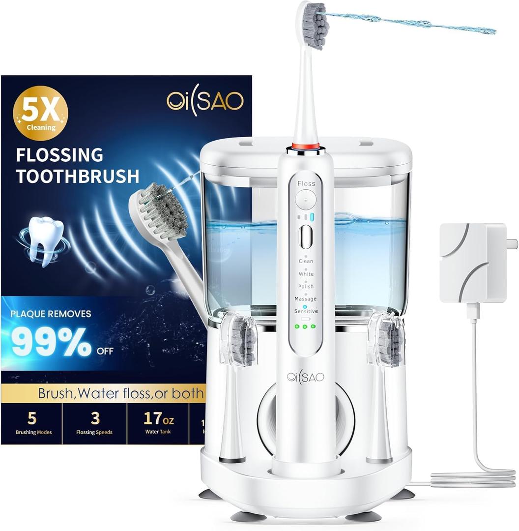 Electric Toothbrush with Water Flosser, Advanced 2.0 Flossing Toothbrush Combo in One with 500 ML Tank & 30-Day Battery,5 Modes & 3 Speeds,for Adults, Implants, Sensitive Gum, Braces Care,White