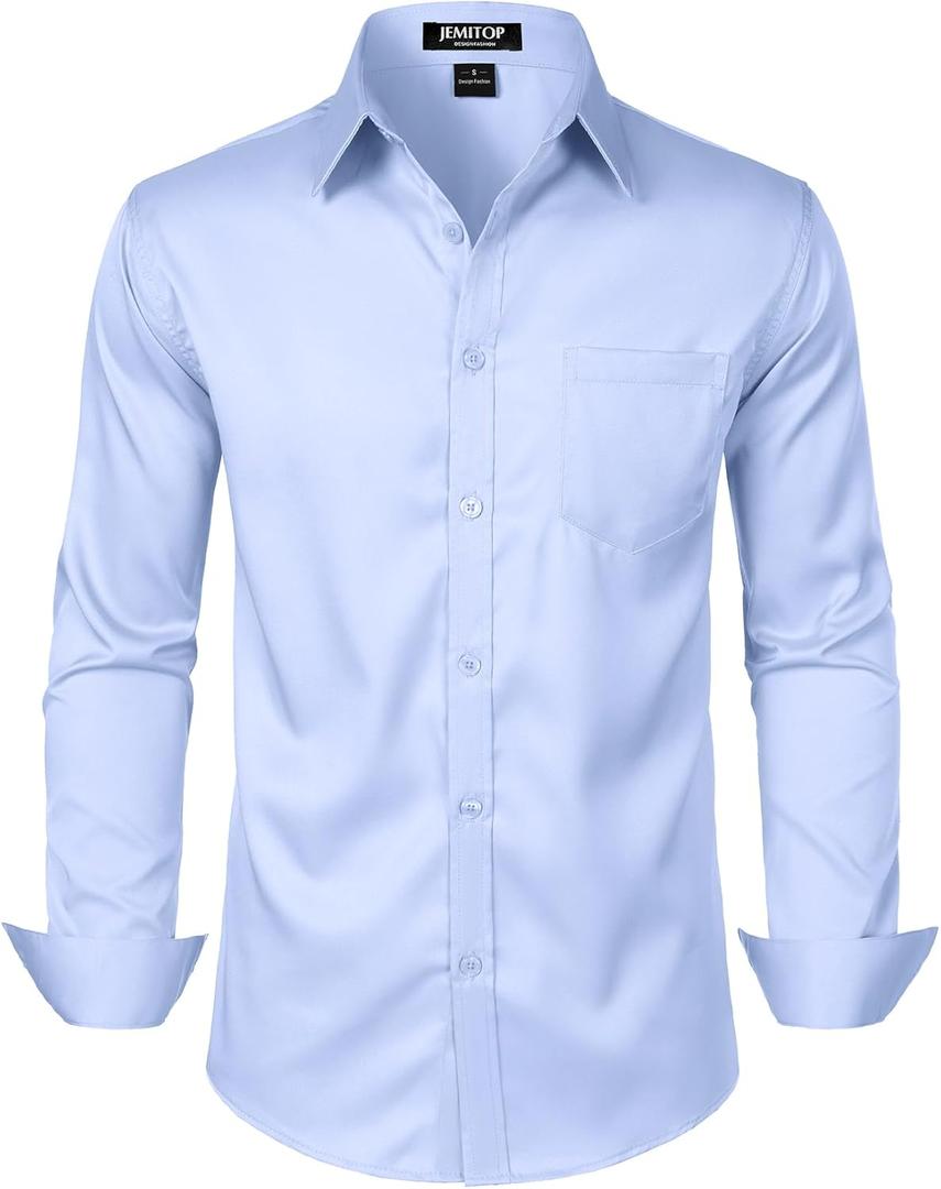 JEMITOP Men's Stretch Slim Fit Dress Shirts Formal Wedding Prom Business Long Sleeve Button Down Shirt with Pocket (Medium, Blue)