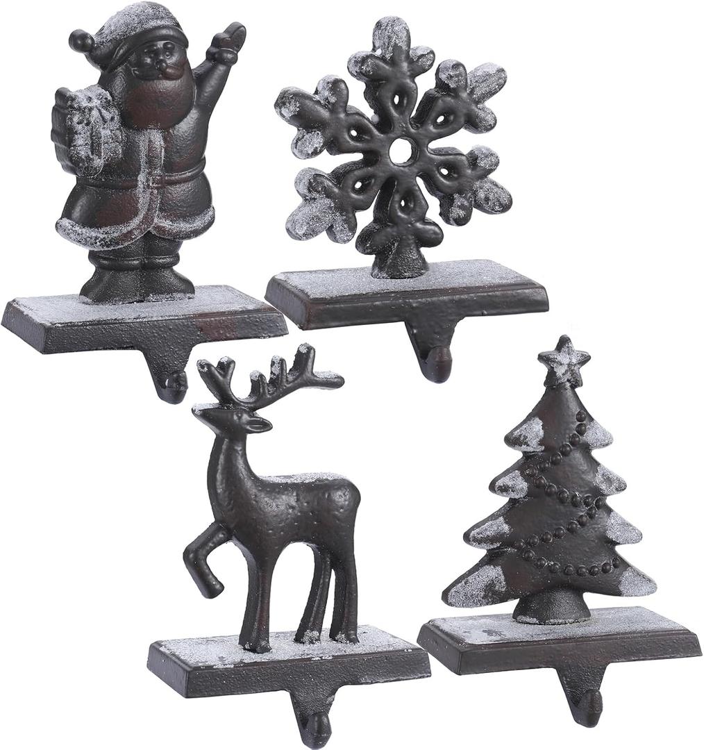 Set of 4 Cast Iron Christmas Stocking Holders for Mantel - Heavy Duty Stocking Hangers for Mantle- Xmas Tree Snowflake Deer Santa Stocking Holder for Mantle Decoration (Classic Black)