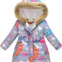 Miss Bei Girl's Winter Coat Jacket Hooded Kids Toddler Flower Print Parka Outwear Warm Cotton Puffer Hooded Jacket (8-9 Years, Gray)