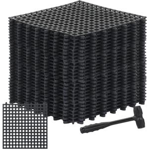 24 Pack Drainage Tiles Modular Interlocking Floor Tiles with 1 Pc Plastic Hammer 12" x 12" Cushion Mat Non Slip Rubber Floor mat with Holes for Pool Bathroom Deck Kitchen Patio (Black)