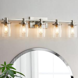 DADUL 5-Light Vanity Light, Brushed Nickel Lights Fixtures Over Mirror, Wall Mount with Clear Glass Shade, Modern Wall Sconce