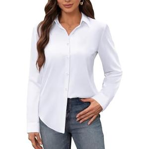 siliteelon Women's Stain Shield Dress Shirts Wrinkle Free Long Sleeve Shirts Solid Work Business Button Down Shirts Size L