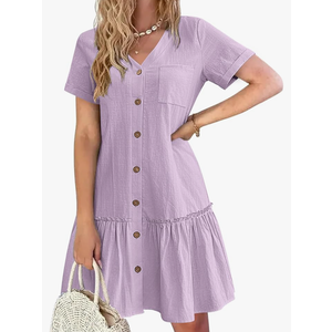 HOTOUCH Women Button Down Dress Loose Summer Cotton Linen Dress Ruffle Hem Casual Dress Short Sleeve Tunic Dress XL