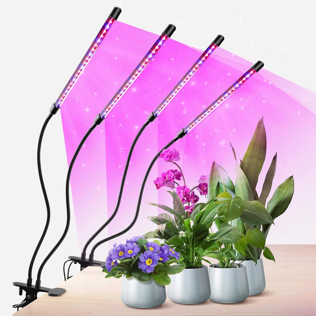 Plant Lights for Indoor Growing, Red Blue Spectrum 4 Heads Clip Grow Lamps with 10 Feet Cables for Seeding Blooming and Fruiting(2 Pack)