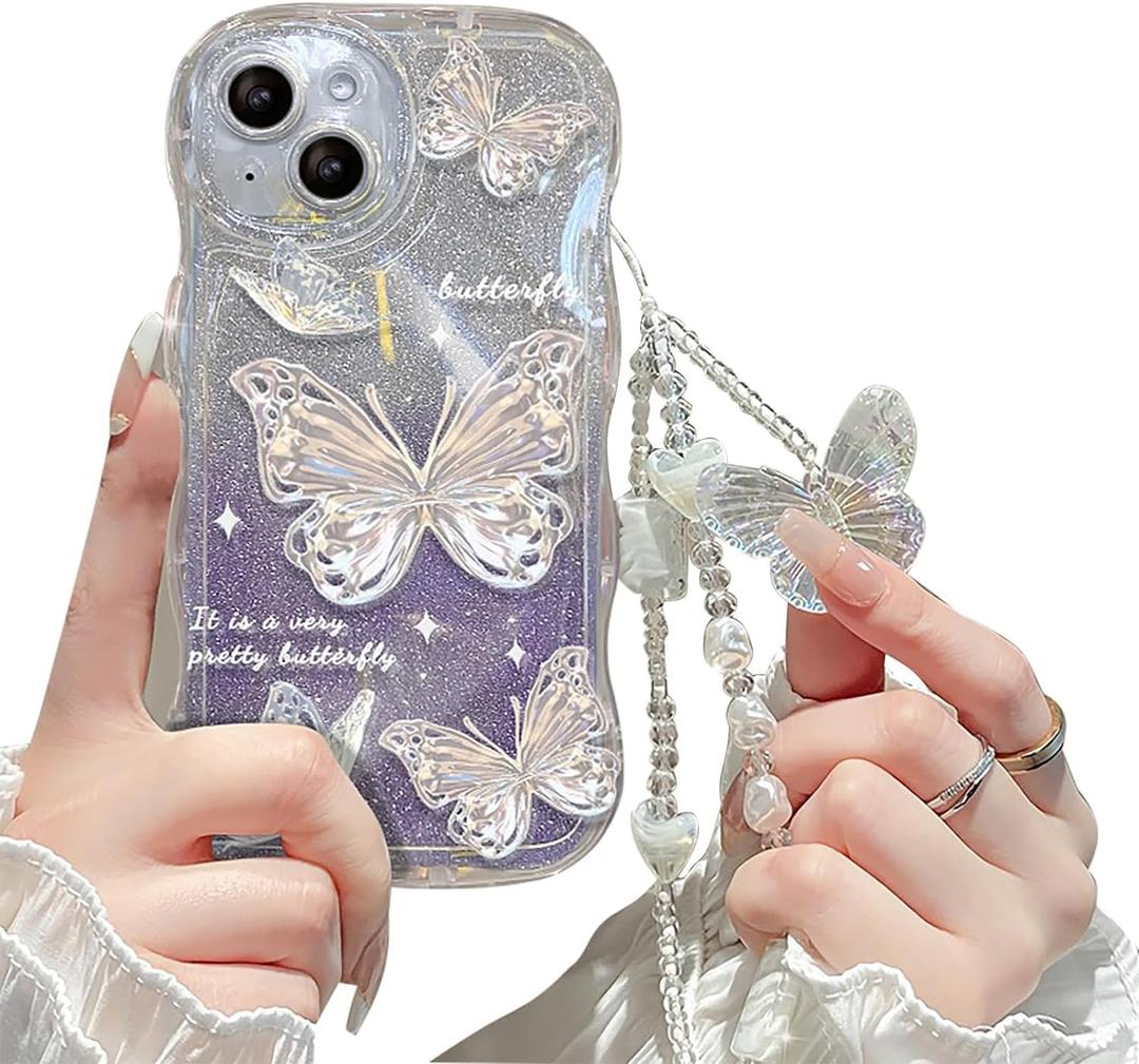 Compatible with iPhone 15 Pro Max Case for Women/Girls, Cute Butterfly Glitter Bling with Bracelets Anti-Scratch Shockproof Case for iPhone 15 Pro Max, Purple with Bracelets