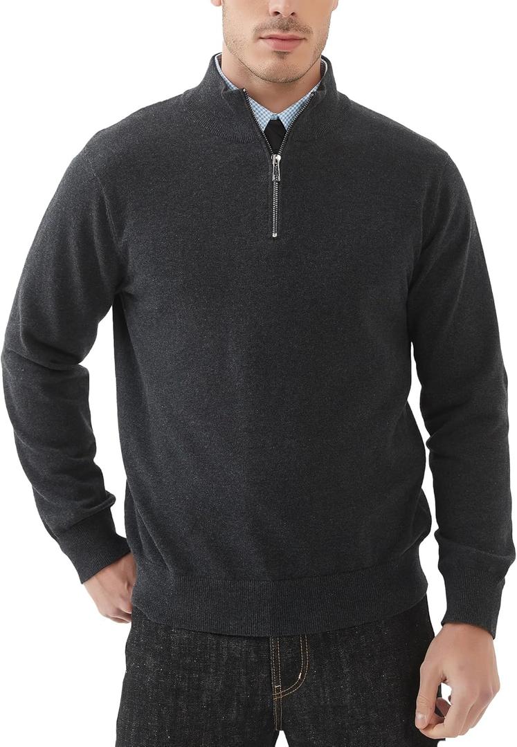 Kallspin Men's Quarter-Zip Sweater Pure Cotton Mock Neck Knit Long Sleeve Pullover Sweater (Charcoal)