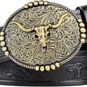FIORETTO Western Cowboy Belts for Men Women Cowgirl Leather Belt Big Buckle Bull Belt for Jeans Black