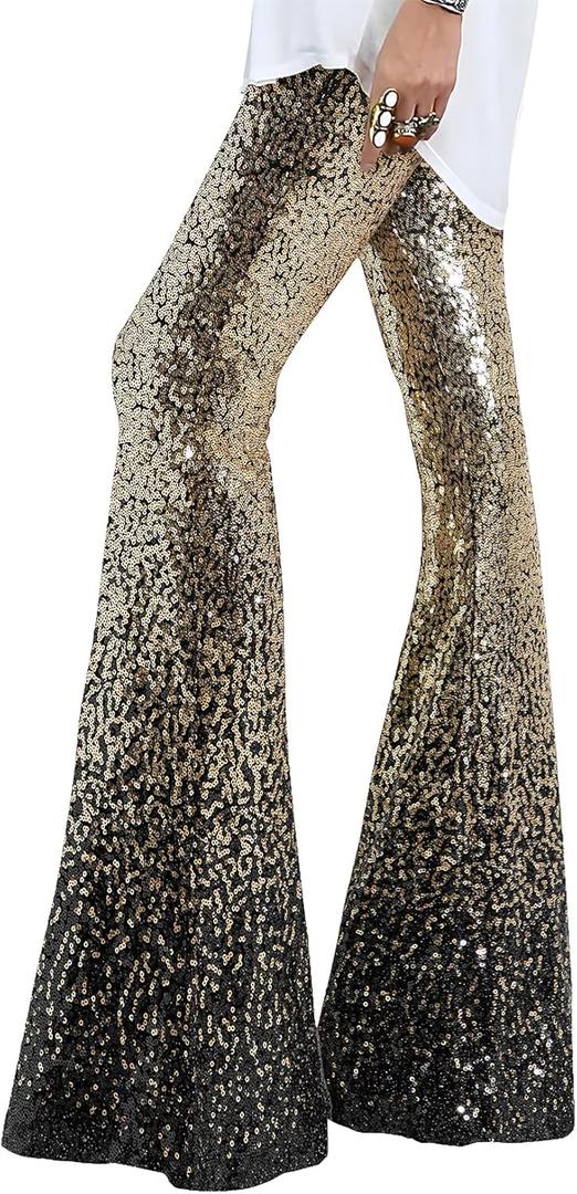 EVALESS Women Sequin Pants Sparkly Glitter High Waisted Wide Leg Flare Trousers Bell Bottom Night Out Clubwear (Large, Gradient Gold Black)