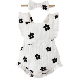 Fullfamous Baby Girl Ruffled Jumpsuit and Headband Set (12-18 Months, Daisy)