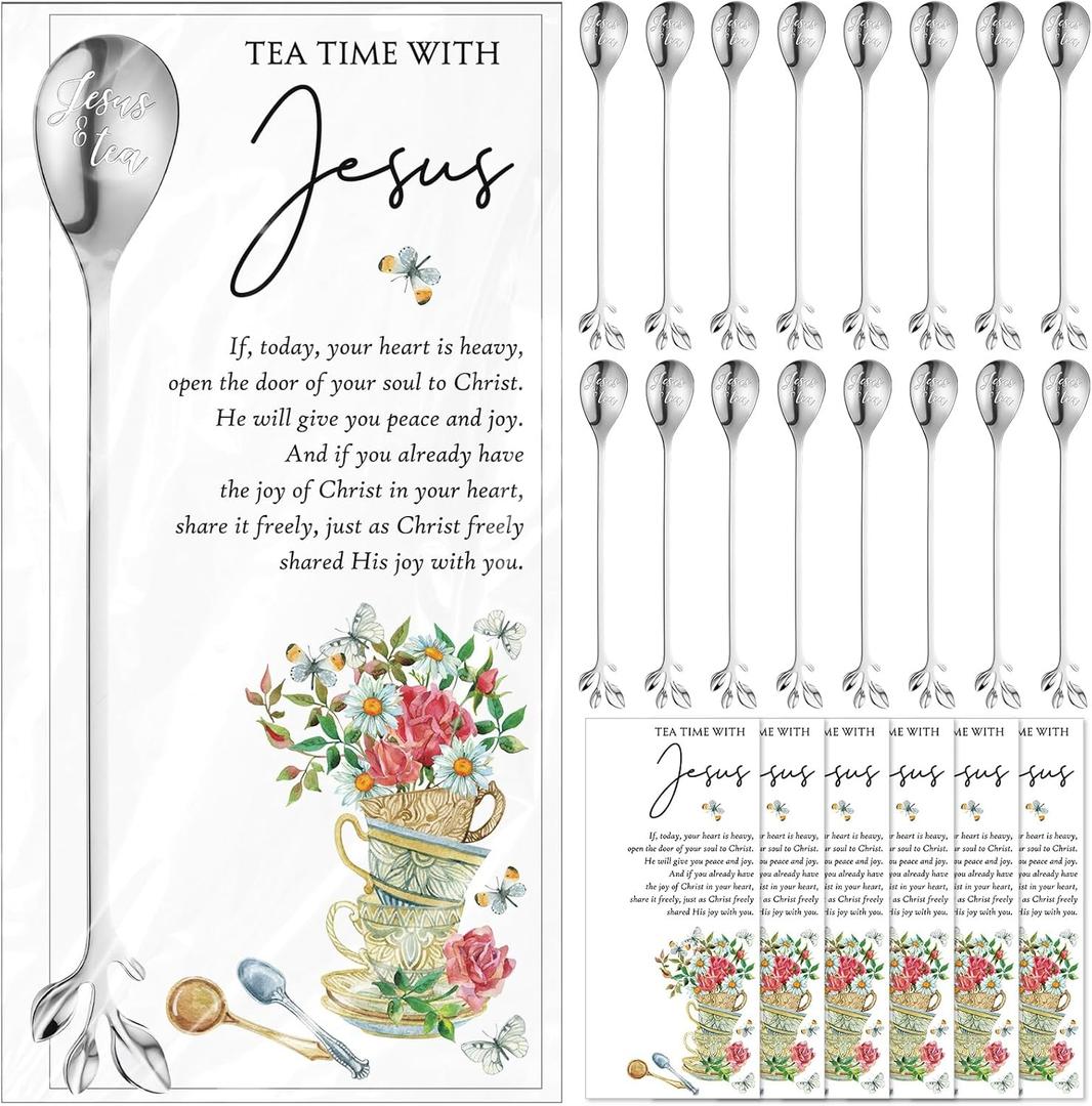 50 Sets Christian Tea Party Favors Jesus Teaspoons with Prayer Cards 6.5" Coffee Spoons Souvenirs for Tea Party Church Family Reunion Gifts, Silver