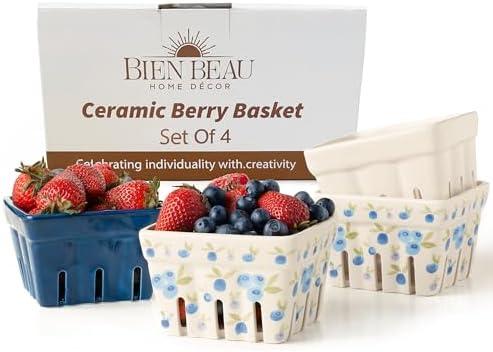 Ceramic Berry Basket, Farmhouse Colander, Farmers Market square Bowl. Rustic Kitchen decor fruit bowls, Fruit Baskets, Bleu White and Blueberry pattern Stoneware Harvest Bowls Set of 3