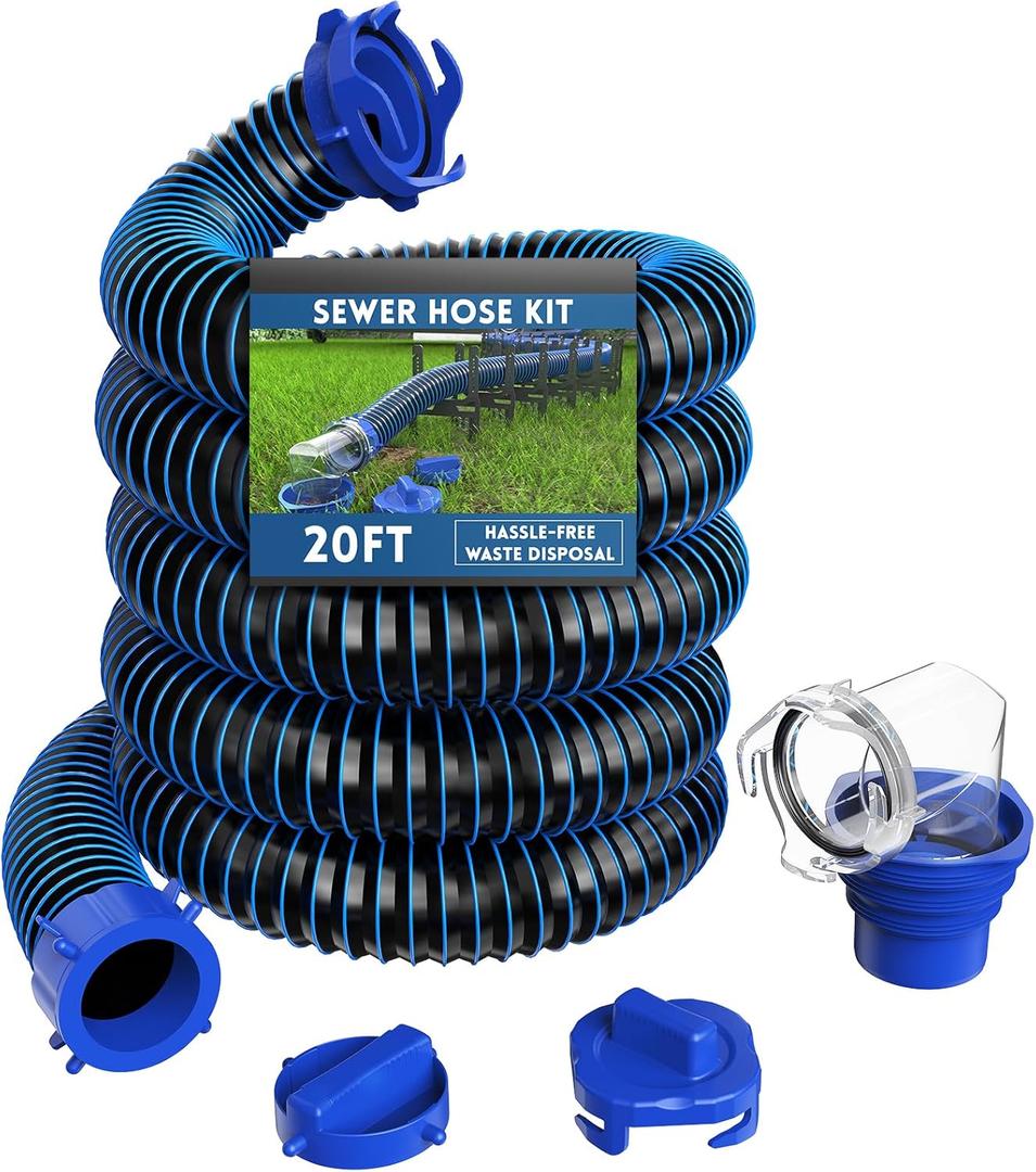 DUMPMAN RV Sewer Hose 20 Ft, Sewer Hose for RV Camper, RV Sewer Hose Kit with Swivel Fitting - Includes 90 Degree Clear View Sewer Adapter, and 2 Storage Caps