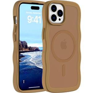 Hualele Magnetic for iPhone 15 Pro Case, Compatible with MagSafe, Military Grade Dropproof Translucent Matte Back Cute Curly Wave Edge Slim Phone Case 15 Pro, Brown
