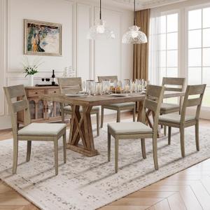 COLAMY Farmhouse Dining Chairs Set of 6, Upholstered Kitchen Chairs with Ladder Back, Modern Wood Side Dining Room Chairs with Wooden Legs for Dinner Rustic Restaurant, Light Brown