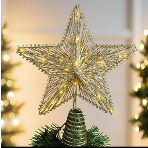 Christmas Tree Topper Star 12 Inch Gold Glitter Hollow Star Tree Topper Metal with Warm White 30 LED Lights for Xmas Decorations Ornaments Indoor Decor Holiday Party