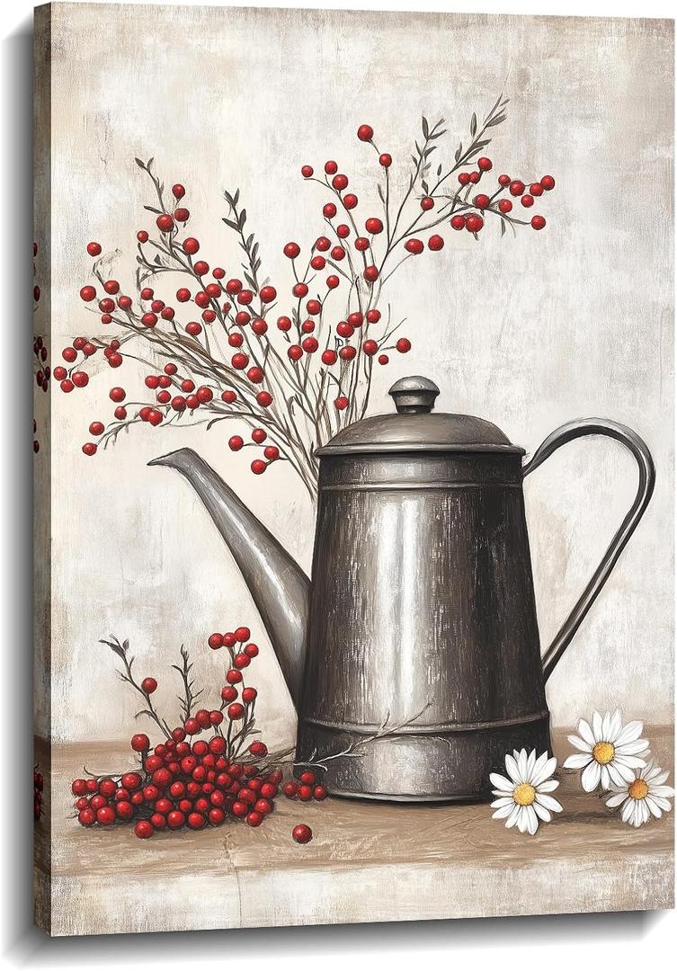 LYUNSHUO Farmhouse Canvas Wall Art Rustic Watering Cans Branches with Red Berries on Grey Background Picture Vintage Painting Prints for Kitchen Home Decor Frame(Picture-3,16.00"x24.00")
