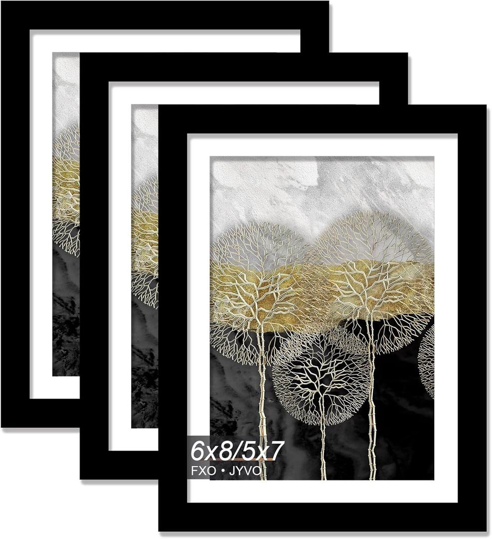 Fxojyvo 6x8 Picture Frame Set of 3, Display Photo 5x7 with Mat or 6 x 8 Without Mat, Light Weight and High Transparent 6 by 8 Frame for Wall - 3 Pack/Black/6"x8"