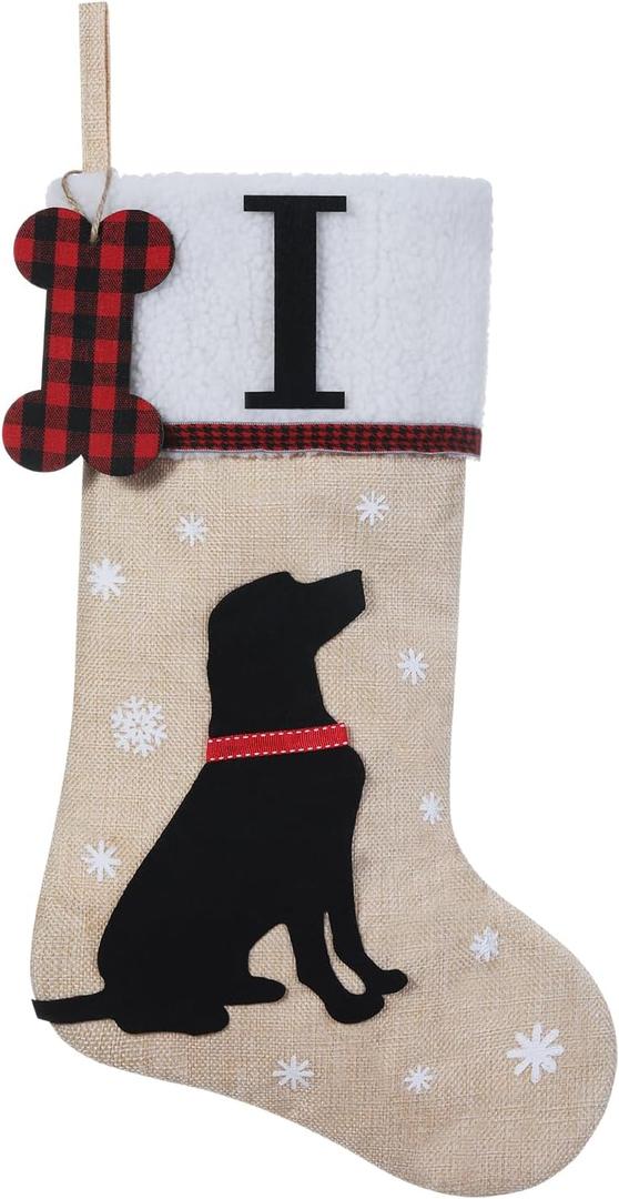 20 Inches Pets Initial Christmas Stocking,Dog Christmas Stocking Personalized with Dog Bone Hanging Wooden Ornament,Xmas Gifts for Pets(Letter I)
