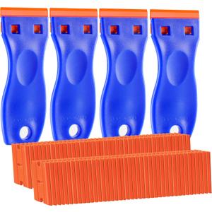 4 PCS Plastic Razor Blade Scraper and 120 PCS Plastic Razor Blades, Cleaning Scraper Tool for Remover, Adhesive, Stickers, Decals, Glass, Labels, Cars Windows (Blue)