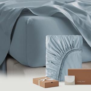 Double Stitch Cotton Tencel Fitted Sheet - King Size Fitted Sheets Deep Pocket, Soft Hotel Bedding, Cooling & Breathable for Hot Sleepers, Up to 16 inches, Sterling Blue (King (78" x 80"))
