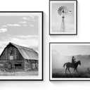 Rustic View Framed Wall Art: 3 Pieces Black and White Farmhouse Picture Misty Cowboy Old Barn Photography Modern Windmill Landscape Artwork Nature Horse Prints for Bedroom Office Living Room