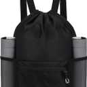 Waterproof Drawstring Bag, Lightweight String Backpack with Water Bottle Holder and Pockets, Gym Sports Cinch Sackpack (Black)
