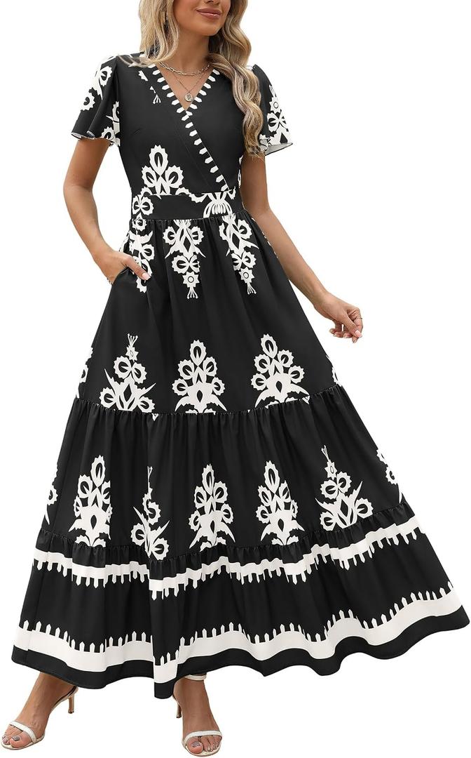 PRETTYGARDEN Womens 2026 Summer Casual V Neck Boho Maxi Dress Flowy Aline Bell Sleeve Tiered Floral Dresses with Pocket (M)