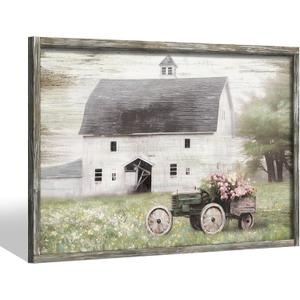 Farmhouse Tractor Wooden Wall Art: Framed White Barn Picture Rustic Countryside Farm Painting Print Vintage Country Flowers Scene Artwork for Office Bedroom Living Room Decor  36"L x 24"W