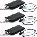 3 Pack Folding Reading Glasses with Keychain Compact Bags Women Men Blue Light Blocking Spring Hinge Portable Pocket Readers,Black 3.0