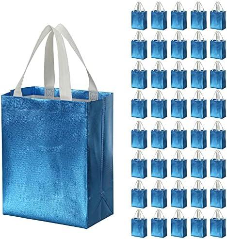 Tosnail 40 Pack 10 x 8 Inch Glossy Reusable Grocery Bags Shopping Tote Bag with Handle Present Bag Gift Bag for Weddings, Birthdays, Party, Event - Light Blue