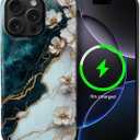 CARLOCA for iPhone 16 Pro Compatible with Magsafe Full Body Protective Glossy Case for Girl Boy Shockproof Magnetic Charge Esthetics Pattern Teal White Marble Flowers Stone