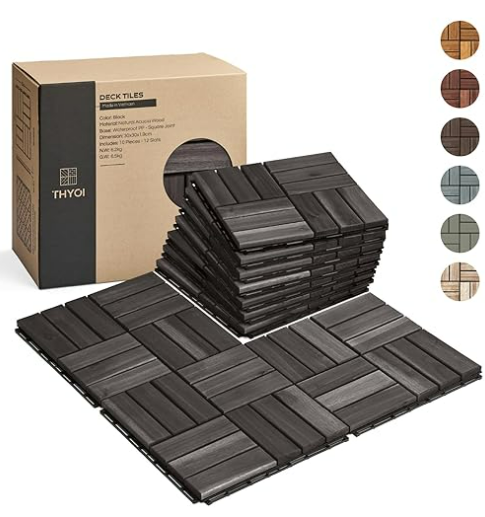 10 Pcs Interlocking Deck Tiles, Patio Flooring - Outdoor Waterproof Acacia Wood Tiles for All Weather Use - Balcony, Backyard, Indoor & Outdoor (Espresso, 10 Pcs - 12.1 Square Ft)