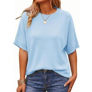 Saodimallsu Womens Short Batwing Sleeve Sweaters Oversized Crew Neck Casual Basic Knit Pullover Tops Shirt (M)
